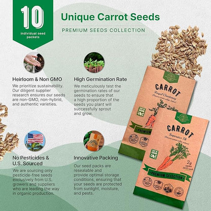 Organo Republic 10 Unique Carrot Seeds Variety Pack - 7,550+ Non-GMO Heirloom Carrot Seeds for Outdoor &amp; Indoor Home Gardening, Including Carrot Imperator 58, Little Fingers, Scarlet Nantes, Parisian