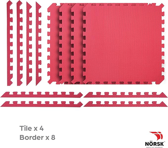 Norsk Reversible Gym Exercise Mats 3/4" Thick EVA Interlocking Foam Tiles, Perfect Home Gym Flooring, 20 Tiles &amp; 40 Trim Pieces, 80 Sq. Ft. Reversible, Red/Black