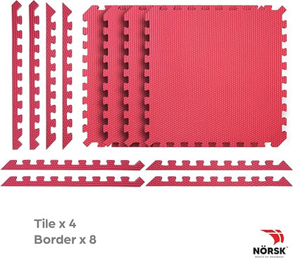 Norsk Reversible Gym Exercise Mats 3/4" Thick EVA Interlocking Foam Tiles, Perfect Home Gym Flooring, 20 Tiles &amp; 40 Trim Pieces, 80 Sq. Ft. Reversible, Red/Black