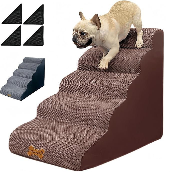 Dog Stairs &amp; Pet Ramp for Small/Large Dogs to High Beds/Couches - 5 Steps 24-inch Height for 18-30 inch Furniture, 2 Washable Covers (Brown, Grey), Non-Slip Balanced 33D Design for Old Dogs &amp; Cats