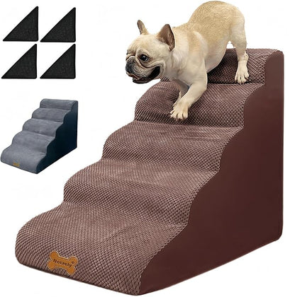 Dog Stairs &amp; Pet Ramp for Small/Large Dogs to High Beds/Couches - 5 Steps 24-inch Height for 18-30 inch Furniture, 2 Washable Covers (Brown, Grey), Non-Slip Balanced 33D Design for Old Dogs &amp; Cats