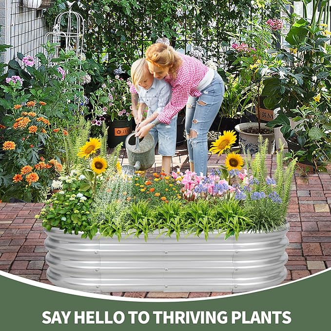 1MORE Galvanized Raised Garden Bed- Planter Garden Boxes Outdoor, Raised Beds for Gardening, 4x2x1ft Metal Garden Bed Kit for Vegetables Flower, Planter Raised Bed with Protective Tape &amp; Tools.Silver