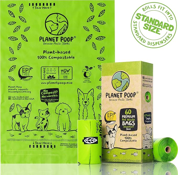 PLANET POOP Home Compostable Dog Poop Bags on Refill Rolls, 60 Un-Scented Pet Waste Bags, Thick Leakproof Plant-Based Doggy Bag, Cat &amp; Dogs Supplies