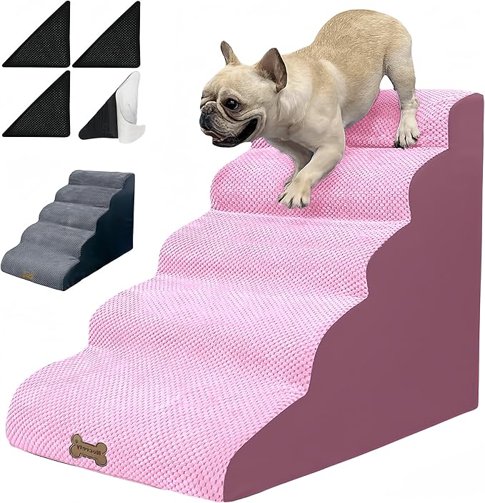 Dog Stairs &amp; Pet Ramp for Small/Large Dogs to High Beds/Couches - 5 Steps 24-inch Height for 18-30 inch Furniture, 2 Washable Covers (Pink, Grey), Non-Slip Balanced 33D Design for Old Dogs &amp; Cats