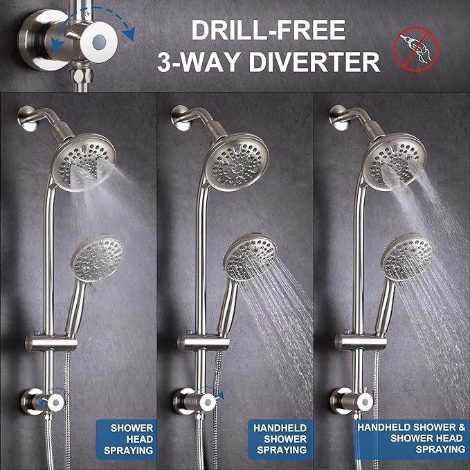 High Pressure Handheld/Rain 82-mode 3-way Shower Head Combo with 25.75" Adjustable Drill-free Stainless Steel Slide Bar, Pet &amp; Tub Power Wash and Anti-clog Nozzles, with 5ft Hose - Brush Nickel
