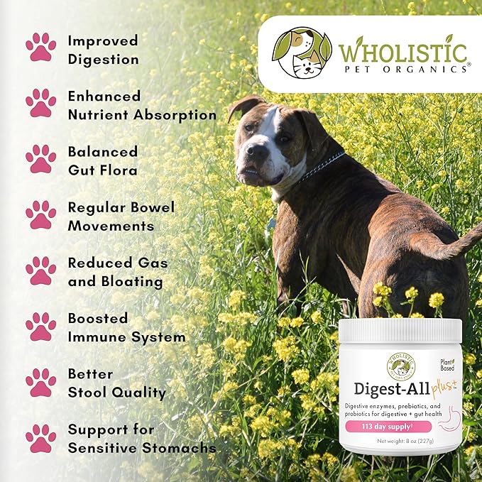 Wholistic Pet Organics Probiotics for Dogs with Digestive Enzymes &amp; Prebiotic Fiber - 8 Oz - Daily Cat &amp; Dog Probiotics for Digestive Health, Anti Diarrhea &amp; Gut Support - Natural Powder Supplement