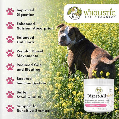 Wholistic Pet Organics Probiotics for Dogs with Digestive Enzymes &amp; Prebiotic Fiber - 8 Oz - Daily Cat &amp; Dog Probiotics for Digestive Health, Anti Diarrhea &amp; Gut Support - Natural Powder Supplement