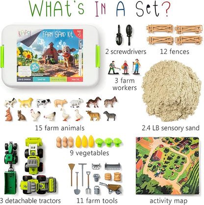 59 PCS Farm Sensory Bin Sandbox with Lid, 2.2 LB Sensory Sand, 40 Toddler Farm Toys, 3 Take Apart Construction Trucks -Sensory Toys for Kids 5-7, 3-4 &amp; Up- Kids Gifts for Boys and Girls