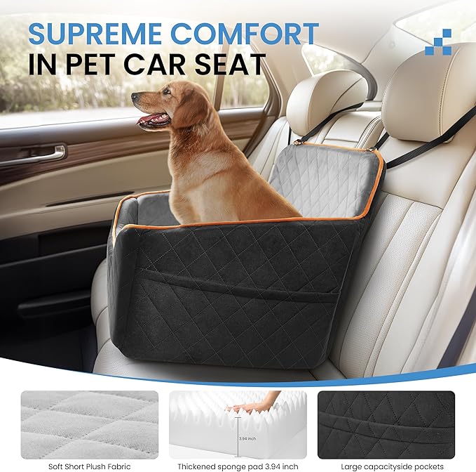 Dog Car Seat for Medium Dogs - Pet Car Seat with 2 Safety Straps &amp; Waterproof Padding, Portable Pet Carrier for Cars, Trucks &amp; SUVs, Comfortable Booster Bed for Pets Up to 55lbs (Black/Grey)