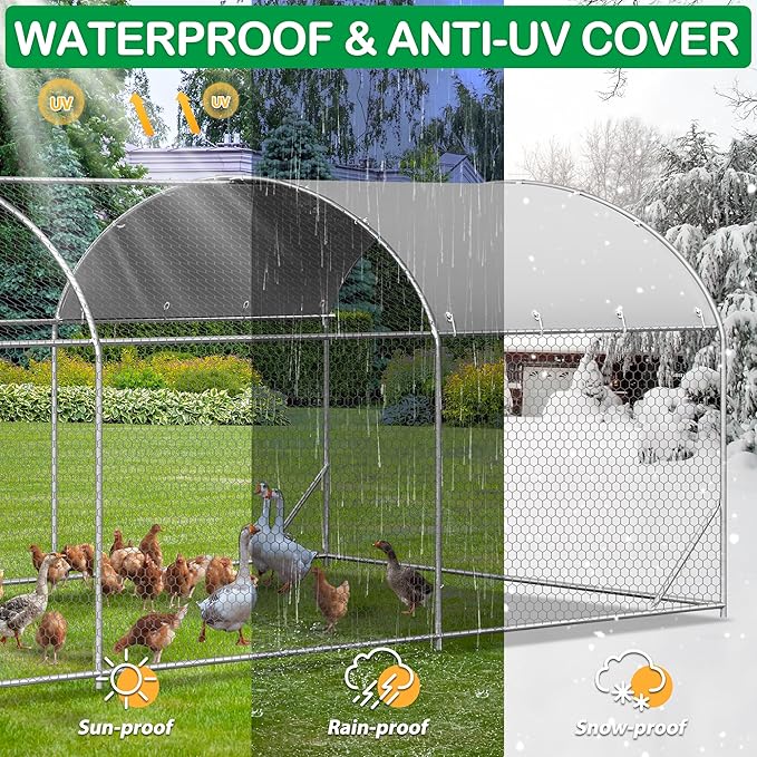 Large Metal Chicken Coop, Walk-in Chicken Run Pen with Waterproof Cover, Dome Roof Poultry Cage for Outdoor, Backyard, Farm (8.96&