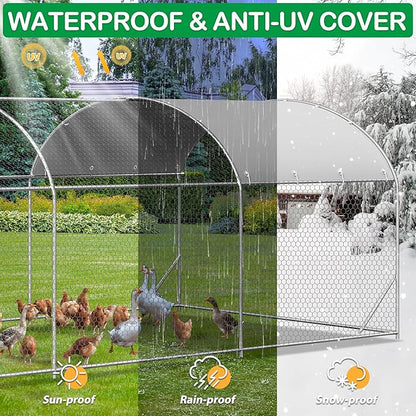 Large Metal Chicken Coop, Walk-in Chicken Run Pen with Waterproof Cover, Dome Roof Poultry Cage for Outdoor, Backyard, Farm (8.96&