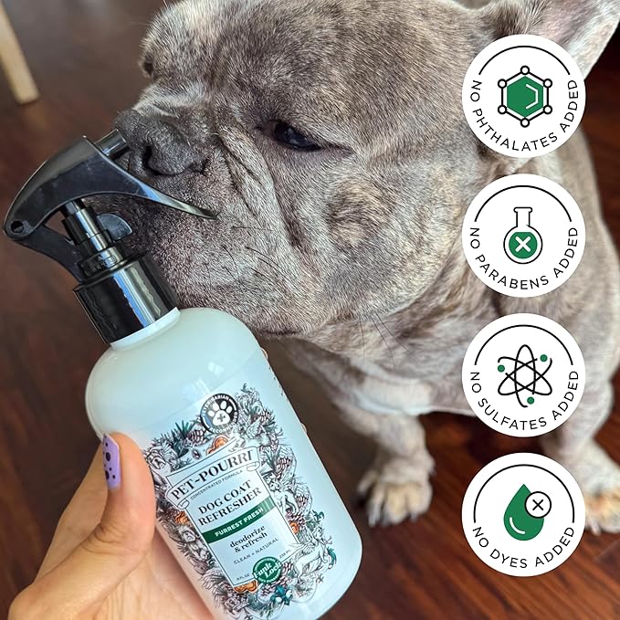 Poo-Pourri Furrest Fresh Dog Deodorizing Spray, 8 Fl Oz Grooming Perfume for Dog Coat, Pet Odor Neutralizer with Essential Oils, Vet Recommended, Paraben &amp; Sulfate-Free Fir, Amber, &amp; Cedarwood Scent
