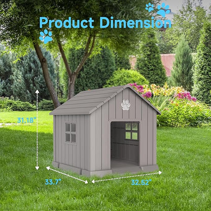 DRATO Dog House Indoor Outdoor for Small to Large Sized Dogs Indoor Outdoor Doghouse Puppy Shelter with Elevated Floor, Easy to Assemble (Light Brown, 31Inch(31.18 * 33.7 * 32.52))