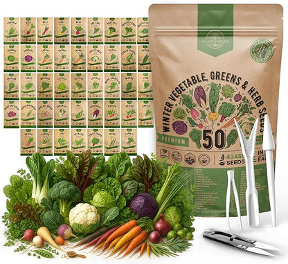 50 Winter Vegetable Garden Seeds Variety Pack - 43,450+ Non-GMO Heirloom Seeds for Outdoors &amp; Indoor Home Gardening, Including Kohlrabi, Lettuce, Radish, Onion, Choy, Spinach, Cauliflower, Collards