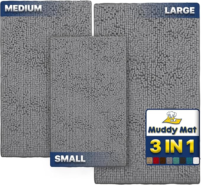 Muddy Mat® Pack of 3 Highly Absorbent Microfiber Dog Door Mat and Pet Rug, Non Slip Thick Washable Area Mat Soft Chenille for Kitchen Bathroom Bedroom and Outdoor - Grey Small, Medium &amp; Large