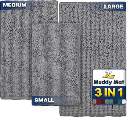 Muddy Mat® Pack of 3 Highly Absorbent Microfiber Dog Door Mat and Pet Rug, Non Slip Thick Washable Area Mat Soft Chenille for Kitchen Bathroom Bedroom and Outdoor - Grey Small, Medium &amp; Large