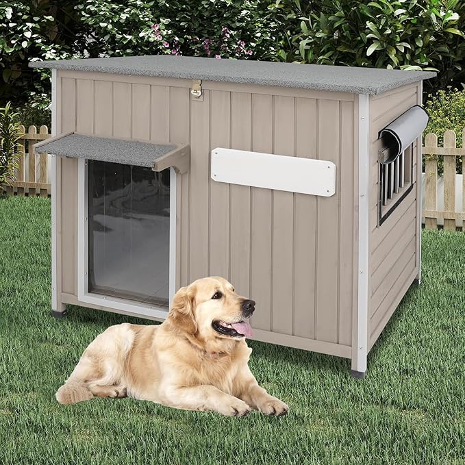 Weatherproof Outdoor Dog House, Wooden Puppy Shelter with Anti-Chewing Iron Frame and Elevated Floor, Sturdy Dog Kennel for Small, Medium &amp; Large Dogs, Grey (Gray, 40" L x 26" W x 31" H)
