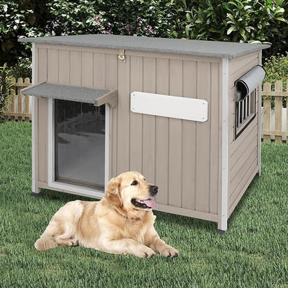 Weatherproof Outdoor Dog House, Wooden Puppy Shelter with Anti-Chewing Iron Frame and Elevated Floor, Sturdy Dog Kennel for Small, Medium &amp; Large Dogs, Grey (Gray, 40" L x 26" W x 31" H)