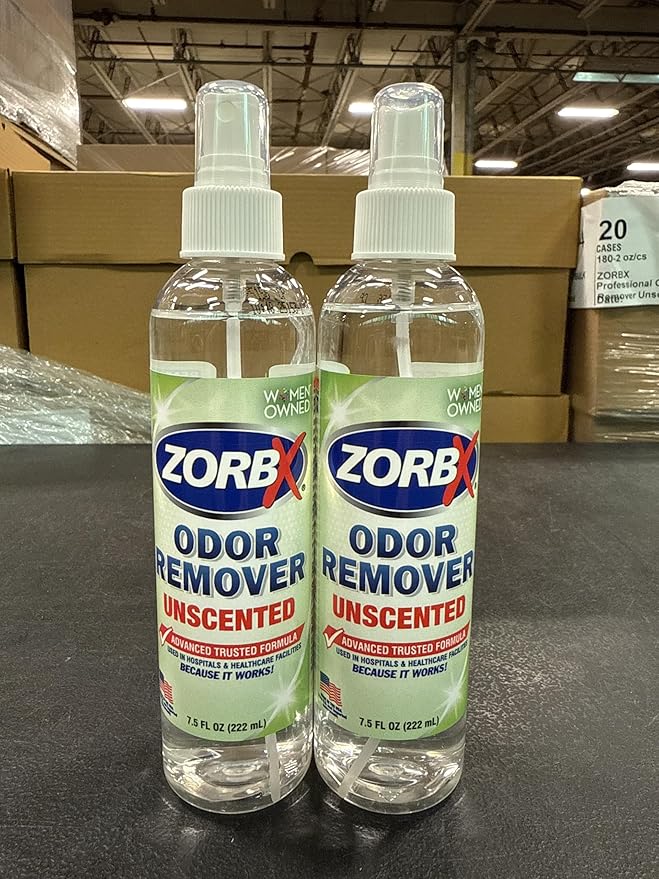 ZORBX Unscented Odor Eliminator for Strong Odor 7.5 Fl Oz Pack of 2 - Used in Hospitals &amp; Healthcare Facilities - Advanced Formula, Fast-Acting Odor Remover Spray for Dog, Cat, House &amp; Carpet