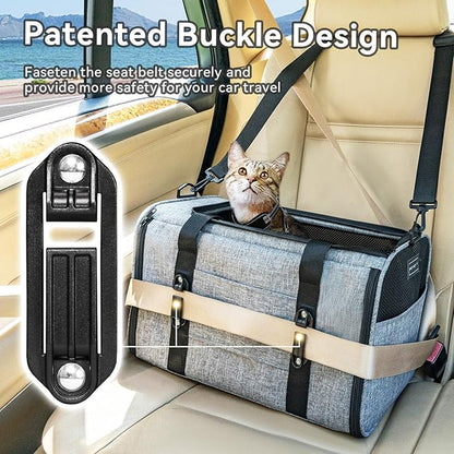 PETSFIT Soft-Sided Cat Carriers &amp; Car Seats with Patent Safe Buckles, Clip-On Harness，18"x11"x11" Airline Approved Pet Carrier - 9 lbs Capacity,Grey