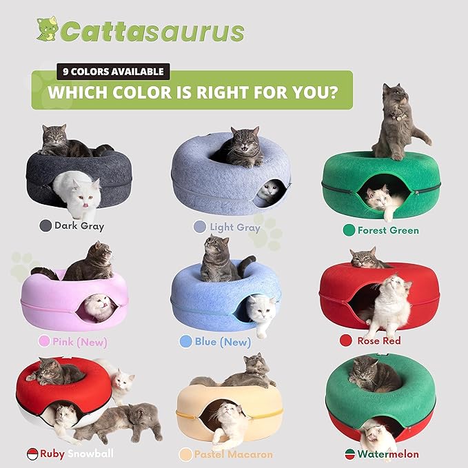 Cattasaurus Peekaboo Cat Cave for Multiple &amp; Large Cats Up to 30-45 Lbs, Scratch Detachable &amp; Washable Tunnel Bed, Comfy Donut Cat Cave (Pastel Macaron, Large)