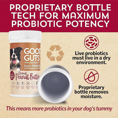 Fidobiotics Good Guts for Medium Mutts Probiotic for Dogs, 6 Billion CFUs, 11 Strains, 5 Digestive Enzymes, 2 Prebiotics, Digestive Gut Health for Dogs, Adult &amp; Puppy Probiotics Supplements (30 Days)
