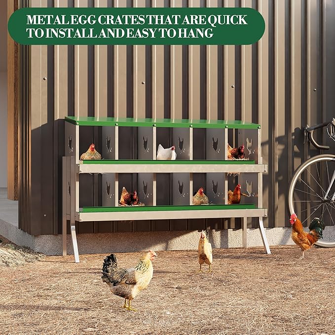 10 Hole Chicken Nesting Box with Roll Out Egg Tray, Rustproof &amp; Ventilated Chicken Laying Boxes for Hens, Chickens, Ducks | Easy-Clean Poultry Coop Accessories, Green with Stand