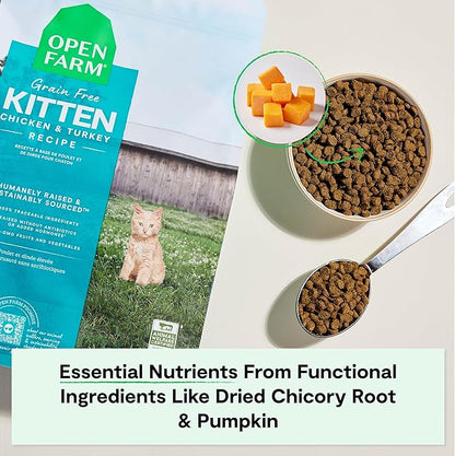 Open Farm, Grain Free Dry Kitten Food, Nutrient Dense Kibble with Protein, Vitamin A, Taurine, Naturally Occurring Fibers &amp; Prebiotics, Homestead Turkey &amp; Chicken Recipe for Kittens, 4lb Bag