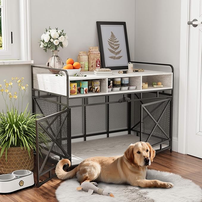Dog Crate Furniture, 48" Heavy Duty Wooden Dog Crate End Table, XL Dog Kennel Furniture Large Breed, Decorative Dog Kennel Indoor with 3 Drawers &amp; Steel Tube 48"L x28"W x36"H (White and Black)