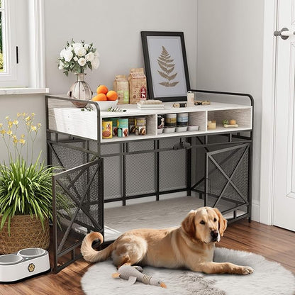 Dog Crate Furniture, 48" Heavy Duty Wooden Dog Crate End Table, XL Dog Kennel Furniture Large Breed, Decorative Dog Kennel Indoor with 3 Drawers &amp; Steel Tube 48"L x28"W x36"H (White and Black)