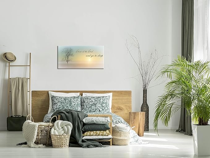 Lasdel Canvas Wall Art of Misty Sunset &amp; Tree Plant Picture For Bedroom Home Above Bed, White Country Wood Sign For Bathroom, Give It To God &amp; Go to Sleep Artwork Decor, Inner Frame 20x40 Inches