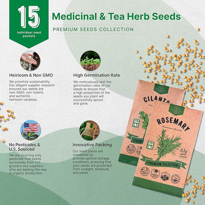 Organo Republic 15 Medicinal &amp; Tea Herb Seeds Variety Pack 6,420+ Non-GMO Heirloom Garden Seeds for Indoor &amp; Outdoors, Including Anise, Borage, Cilantro, Chamomile, Dandelion, Rosemary Seeds