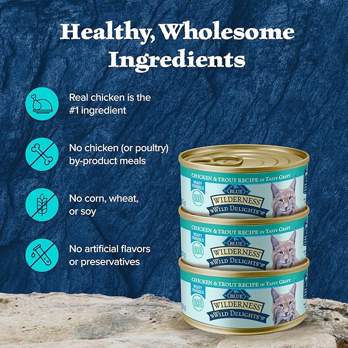 Blue Buffalo Wilderness Wild Delights Meaty Morsels Wet Cat Food, High-Protein &amp; Grain-Free, Made with Natural Ingredients, Chicken &amp; Trout Recipe in Tasty Gravy, 3-oz. Cans (24 Count)