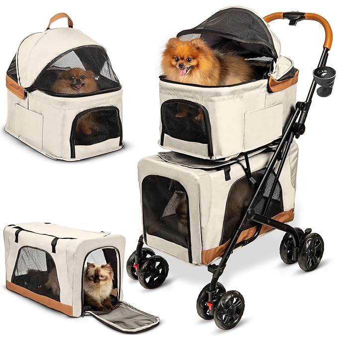 Double Pet Stroller with Detachable Carriers - Ideal for 2 Dogs or Cats - Compact &amp; Convenient Design - Easy Assembly Double Dog Stroller - Cosmic Beige