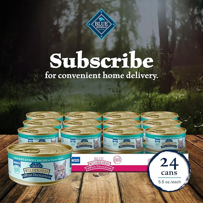 Blue Buffalo Wilderness Wild Delights Minced Wet Cat Food, High-Protein &amp; Grain-Free, Made with Natural Ingredients, Chicken &amp; Trout Recipe in Tasty Gravy, 5.5-oz. Cans (24 Count)