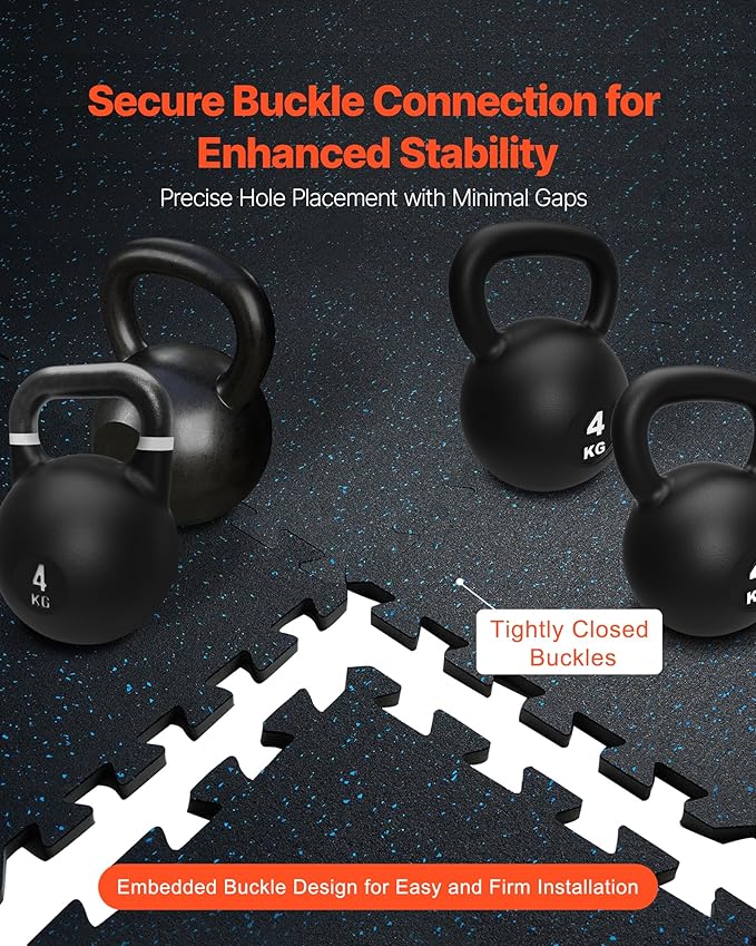 VEVOR 0.56 Inch Thick Gym Floor Tiles, 25 Tiles Rubber Top with EVA Foam, 25" x 25" Gym Flooring Workout Mats with 100sq.ft Coverage, Interlocking Puzzle Gym Mats for Gym, Home, Garage, Black &amp; Blue