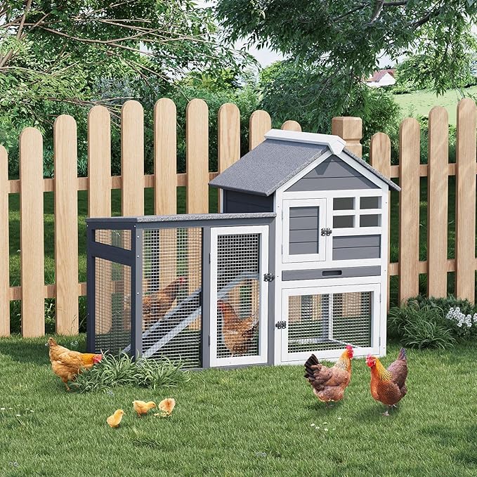 Rabbit Hutch 2-Tier, Small Wooden Chicken Coop for Outdoor Use - Weatherproof Small Animal Hutch with Non-Slip Ramp, 4 Access Doors &amp; Removable Tray for Rabbits, Guinea Pigs, Ferrets (Indoor/Outdoor)