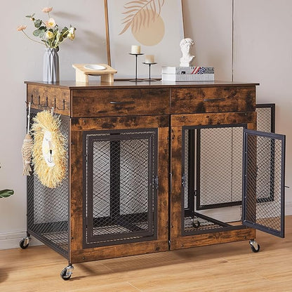 43" Large Dog Crate Furniture, Wood Dog Kennel End Table with Drawers, Decorative Pet Crate with Removable Partitions &amp; Wheels, Dog House Indoor for Large/Medium/Small Dogs