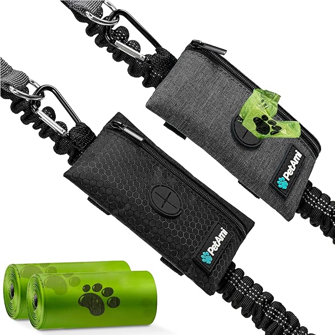PetAmi Dog Poop Bag Holder for Leash, Dog Waste Bag Dispenser with Clip, Treat Pouch, Walking &amp; Camping Accessories with Trash Bag Roll, Gray/Black 2 Pack