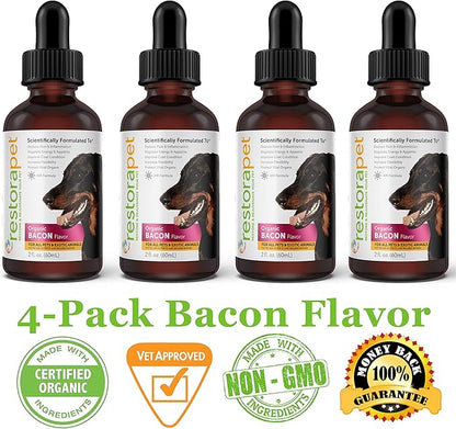 RestoraPet 4-Pack Dog &amp; Cat Bacon Liquid Multivitamin | Dog Arthritis Pain Relief | Hip &amp; Joint Vitamins for Dogs - Anti Inflammatory Supplement for Dogs &amp; Cats | Organic &amp; Non-GMO, Vet Approved