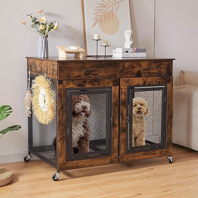 43" Large Dog Crate Furniture, Wood Dog Kennel End Table with Drawers, Decorative Pet Crate with Removable Partitions &amp; Wheels, Dog House Indoor for Large/Medium/Small Dogs