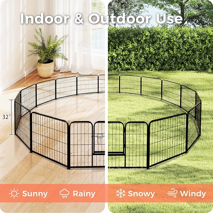 32 Inch Dog Playpen - 16 Panels Metal Pet Exercise Pen for Small-Medium Dogs, Indoor/Outdoor Dog Fence for Yard, Garden, Camping &amp; RV Travel