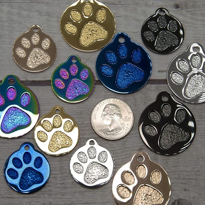 Engraved Pet Tag for Dogs and Cats - Personalized Front &amp; Back up to 4 Lines of Text Custom Engraved ID, Round Paw Print Solid Plating Stainless Steel Silver Regular