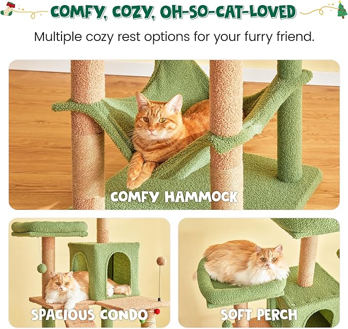 MWPO 70.1-Inch Green Large Cat Tree, Multi-Level Tall Cat Tower for Indoor Cats, Plush Cat Condo with Big Padded Perches, Sisal-Covered Scratching Posts, Hammock, Toys for Kittens &amp; Cats