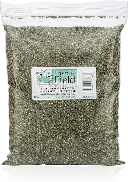 from The Field | Fine Ground Stalkless Catnip | Premium USA-Grown Catnip for Toys &amp; Playtime | Fresh, Potent, Non-Toxic, Eco-Friendly | Safe for Kittens &amp; Cats | Resealable 10 Oz Bag