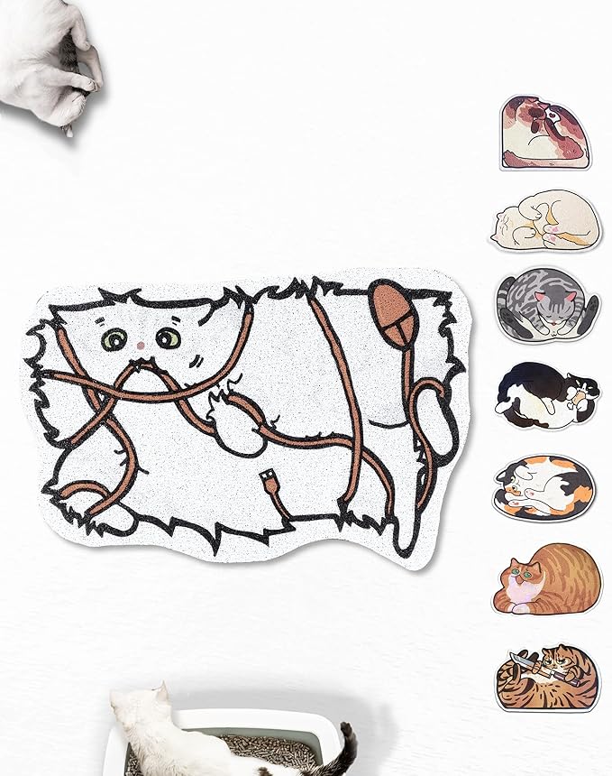 Lukamoo® Cute Cat Litter Mat (30’’x20’’), Extra-Large/XL, for Kitty Litter &amp; Cute Cat Litter Box, Litter Trapping Mat (Long Hair White)