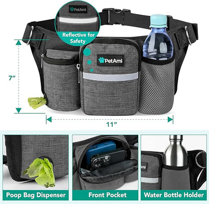 PetAmi Premium Hands Free Dog Leash for 2 Dogs, Adjustable Waist Belt Leash for Dog Walking, Fanny Pack Accessories Bag Dual Bungee Leash for Running, Hiking, Jogging, Biking, Charcoal Grey
