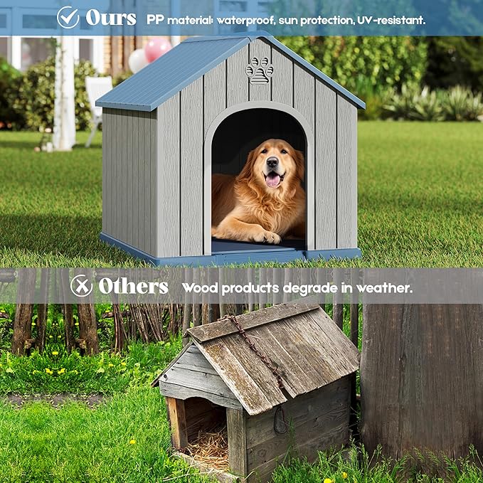 Large Dog House Outdoor Indoor for Medium Large Dogs, Durable Plastic Waterproof Doghouse with Air Vents and Elevated Floor, Easy Clean and Assemble (Blue, 36.2&