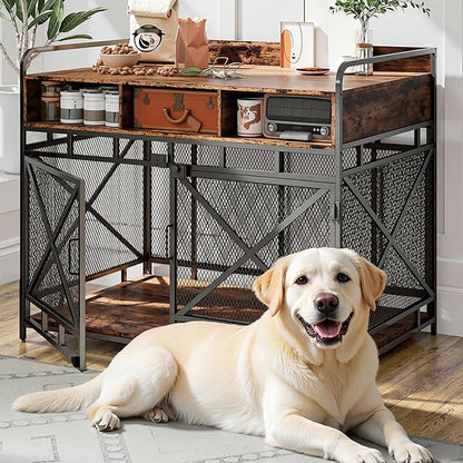 Dog Crate Furniture, 43" Heavy Duty Wooden Dog Crate End Table, XL Dog Kennel Furniture Large Breed, Decorative Dog Kenne Indoor with 3 Drawers &amp; Steel Tubes 43" L x28 W x36 H (Rustic Brown)