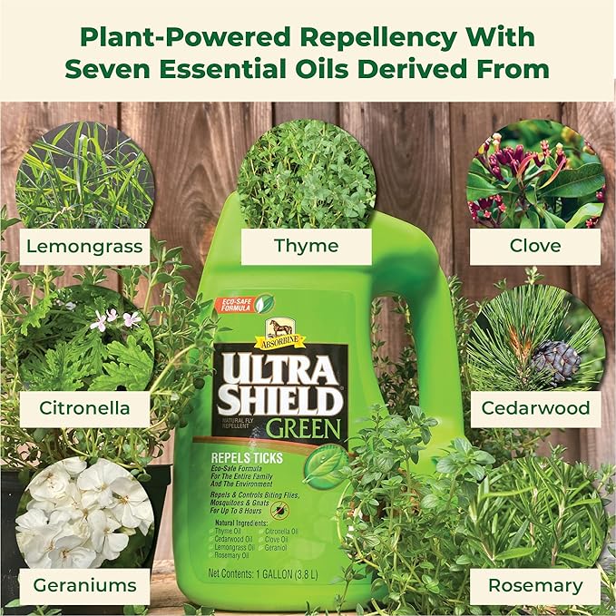 Absorbine UltraShield Green All-Natural Fly &amp; Insect Repellent for Horses &amp; Dogs, Essential Oils Repel &amp; Control, 128oz Bottle, No Sprayer